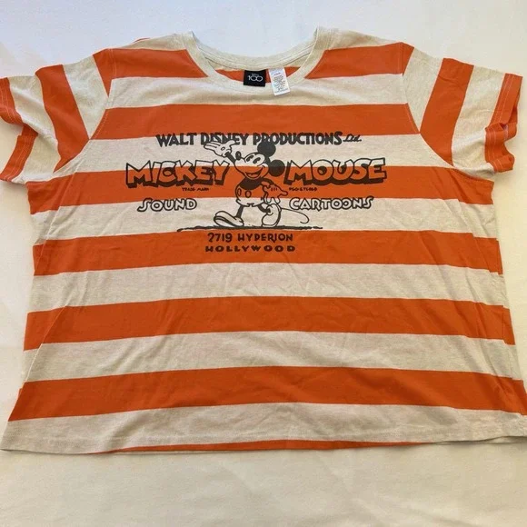 Disney Womens 2X Orange White Stripe Mickey Mouse Disney 100 Years Graphic Tee - Picture 1 of 6